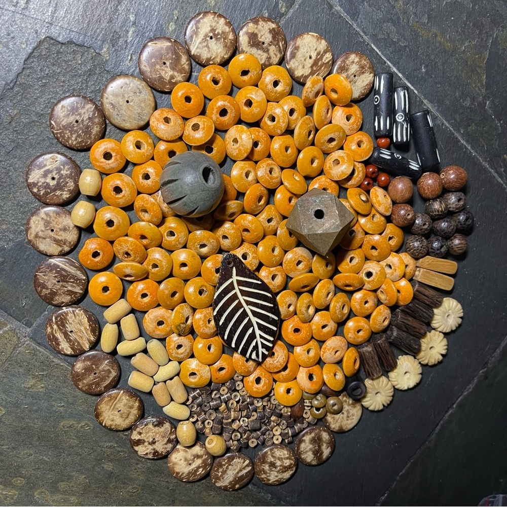 Vintage Estate Lot - Wood Macrame Craft Jewelry Beads Various Sizes Shapes